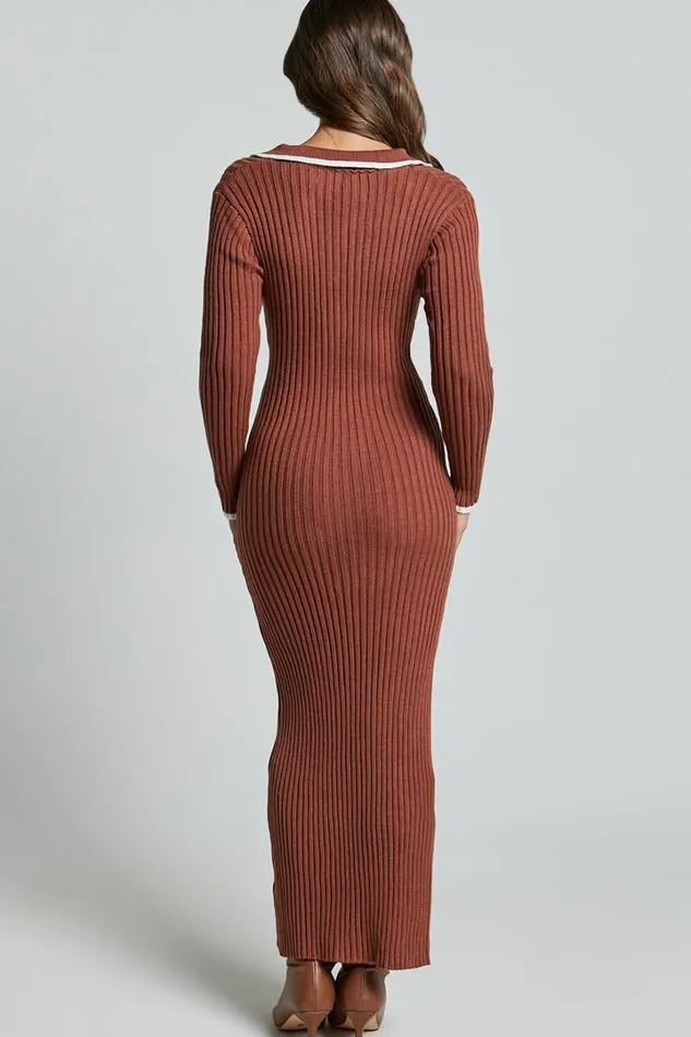 Becky Midi Dress 8211 Button Front Contrast Knit Midi Dress In Chocolate Women Showpo Dresses