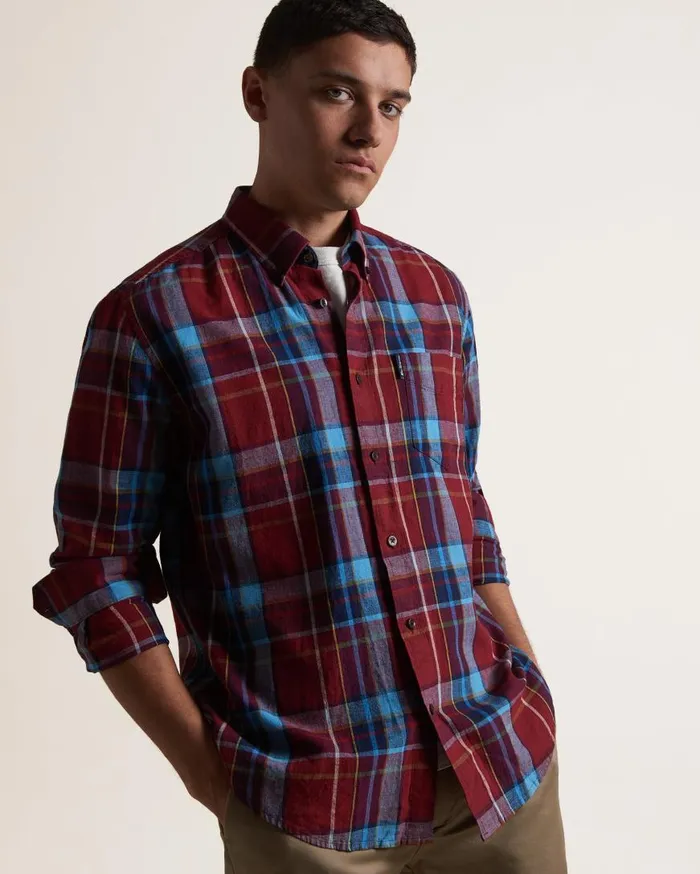 Ben Sherman Heritage Check Shirts Men Madras Check Linen Blend LongSleeve Shirt