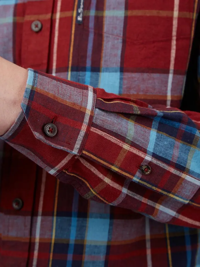 Ben Sherman Heritage Check Shirts Men Madras Check Linen Blend LongSleeve Shirt
