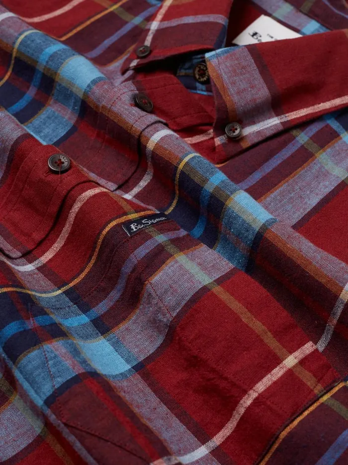 Ben Sherman Heritage Check Shirts Men Madras Check Linen Blend LongSleeve Shirt