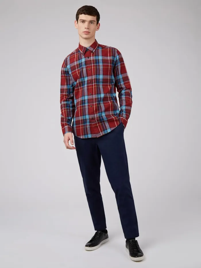 Ben Sherman Heritage Check Shirts Men Madras Check Linen Blend LongSleeve Shirt