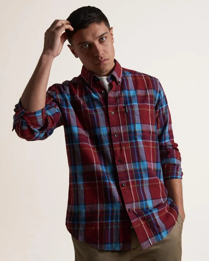 Ben Sherman Heritage Check Shirts Men Madras Check Linen Blend LongSleeve Shirt