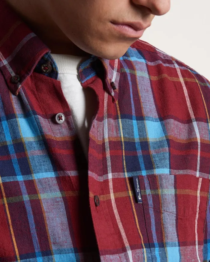 Ben Sherman Heritage Check Shirts Men Madras Check Linen Blend LongSleeve Shirt