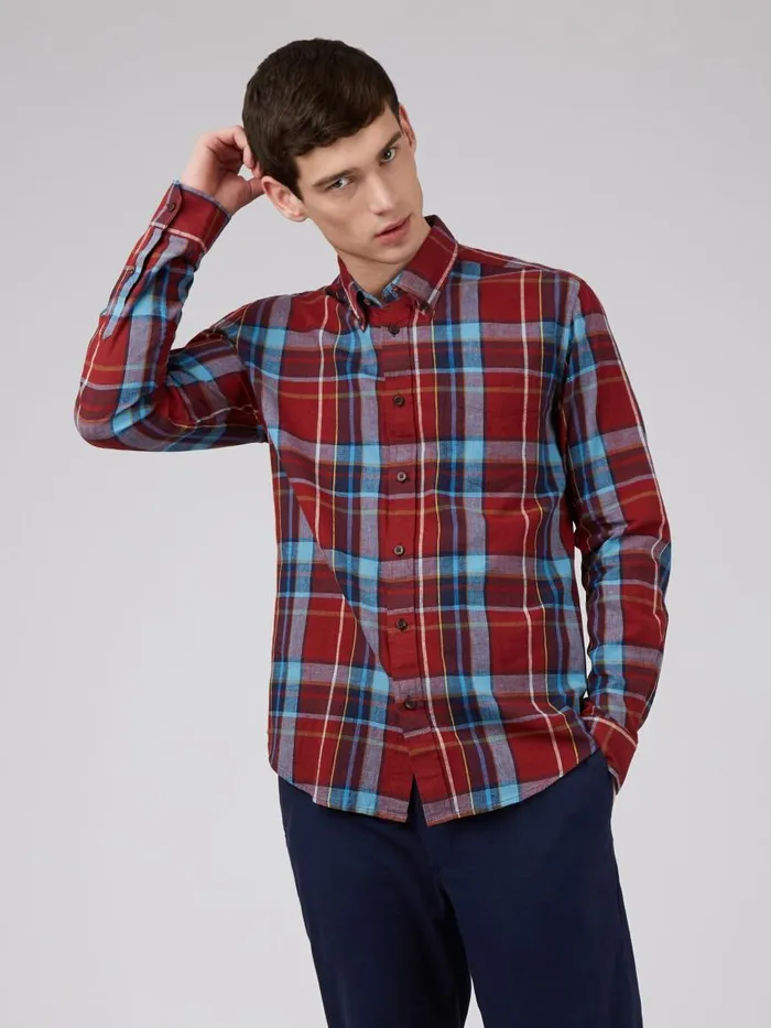 Ben Sherman Heritage Check Shirts Men Madras Check Linen Blend LongSleeve Shirt