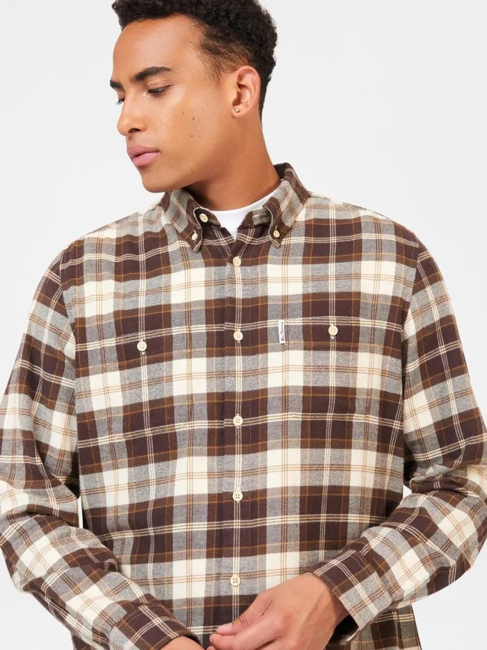 Ben Sherman Long Sleeve Shirts Men Brushed Plain Check Shirt 8211 Chocolate