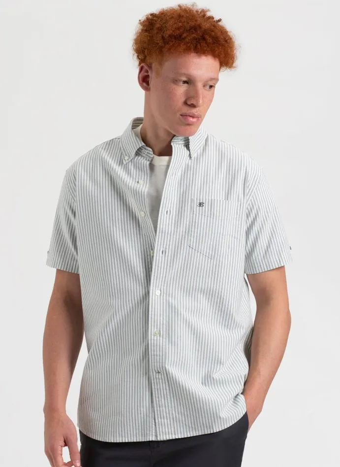 Ben Sherman Oxford Shirts Men Short Sleeve Brighton Oxford Organic Shirt 8211 Forest Green Bengal Stripe