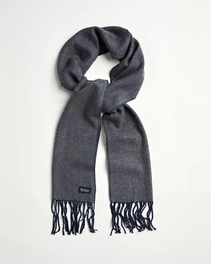 Ben Sherman Scarves and Cold Weather Men Herringbone Scarf 8211 Navy BlazerOdyssey Grey