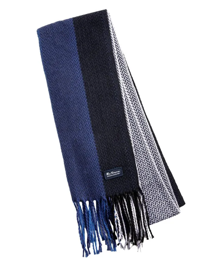 Ben Sherman Scarves and Cold Weather Men Striped Herringbone Scarf 8211 Silver BulletTrue Blue
