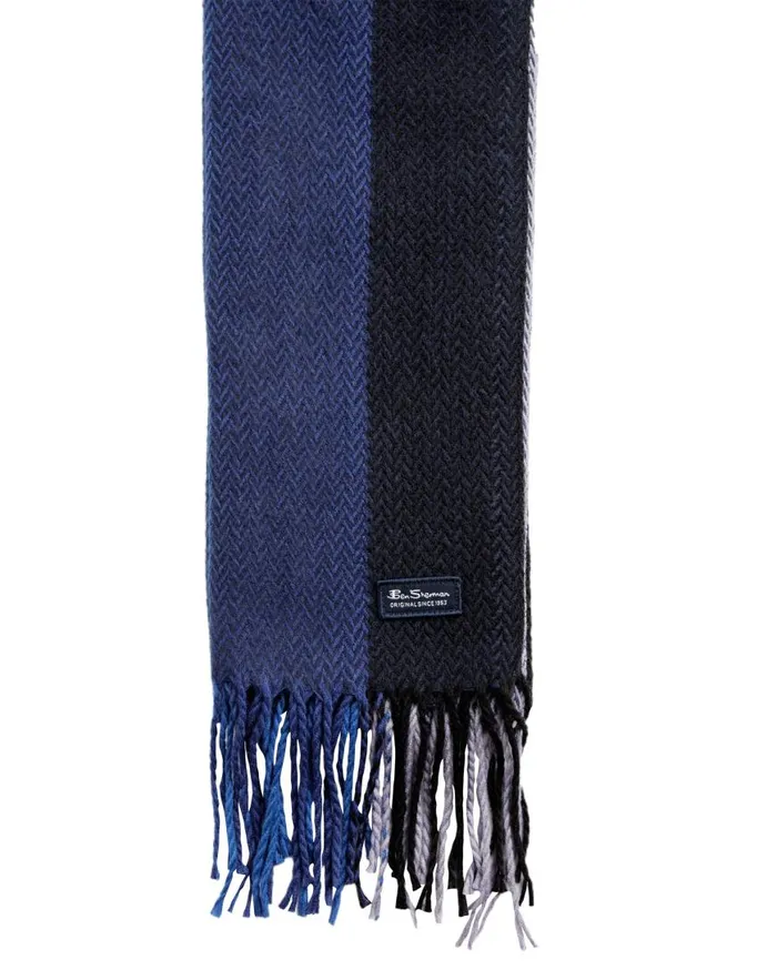 Ben Sherman Scarves and Cold Weather Men Striped Herringbone Scarf 8211 Silver BulletTrue Blue