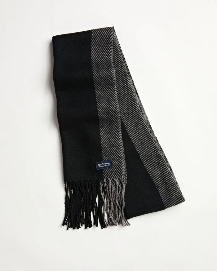 Ben Sherman Scarves and Cold Weather Men Striped Herringbone Scarf 8211 True BlackGranite Grey