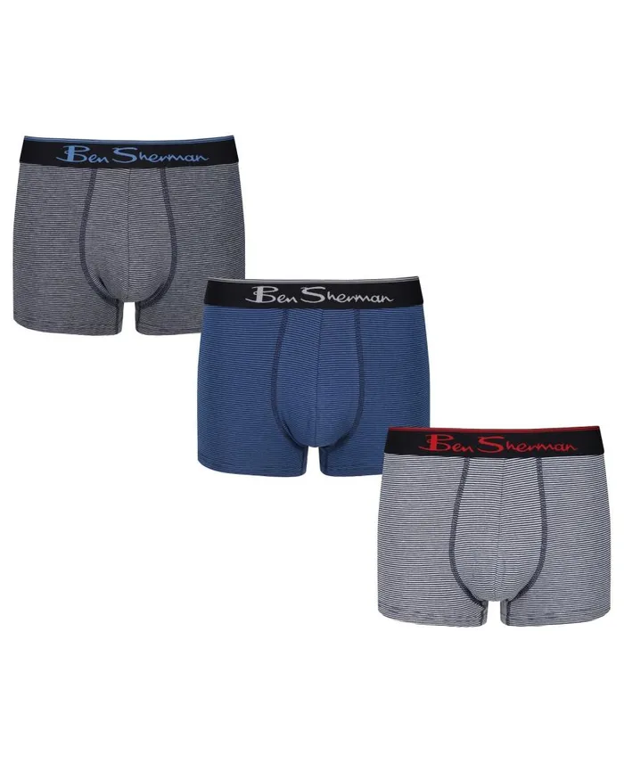 Ben Sherman Underwear Men Clive 3Pack Fitted NoFly BoxerBriefs 8211 Grey MarlWhiteBlueNavy Feeder Stripe