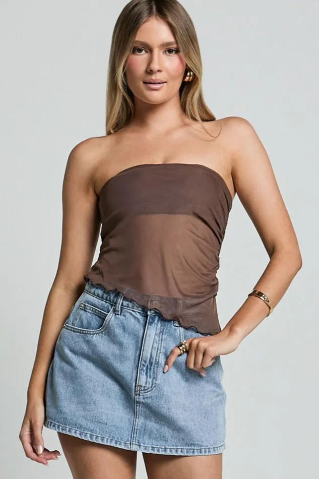 Bessie Top 8211 Asymmetric Strapless Sheer Top In Chocolate Women Showpo Tops