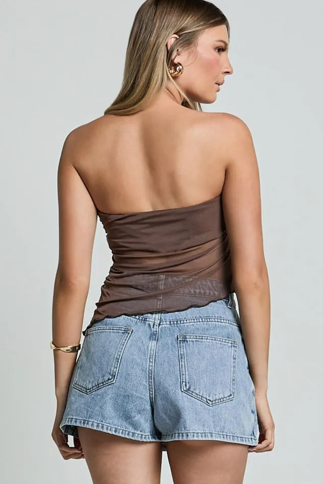 Bessie Top 8211 Asymmetric Strapless Sheer Top In Chocolate Women Showpo Tops