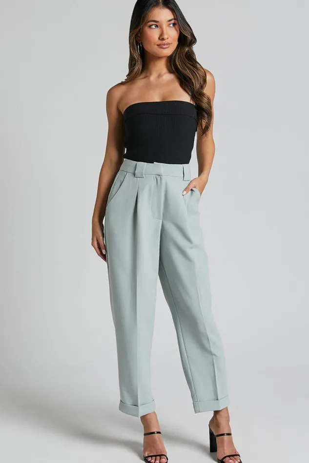 Bethanie Pants 8211 Mid Rise Tailored Cuffed Relaxed Pants In Sage Women Showpo Pants