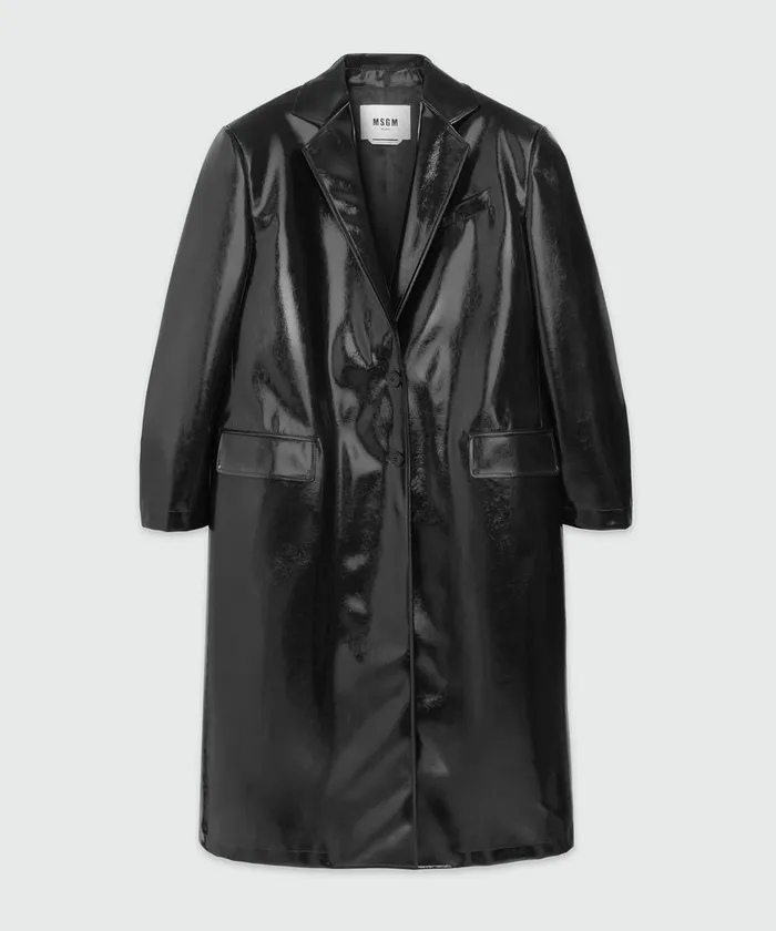 Black Patent Leather Coat With Structured Shoulders Women MSGM Jackets And Coats