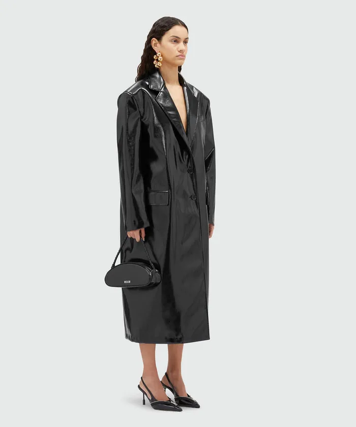 Black Patent Leather Coat With Structured Shoulders Women MSGM Jackets And Coats