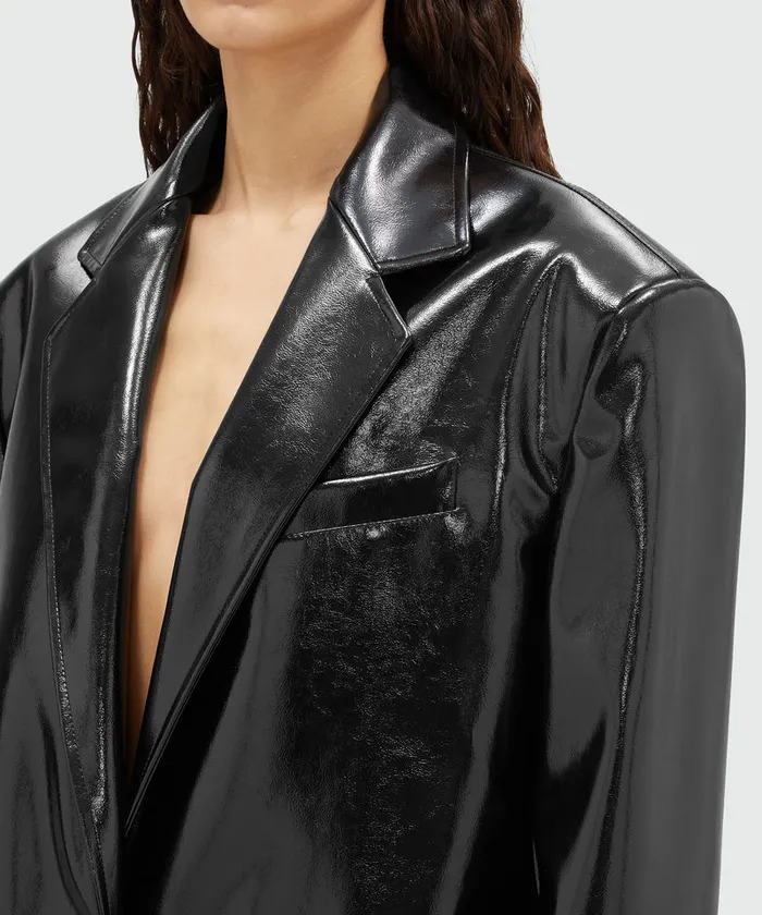 Black Patent Leather Coat With Structured Shoulders Women MSGM Jackets And Coats
