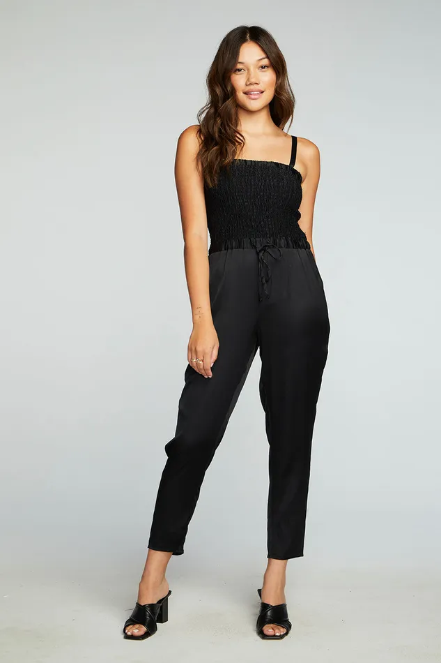 Bottoms Womens Stretch Silky Basics Smocked Drawstring Waist Jumpsuit Chaser Brand