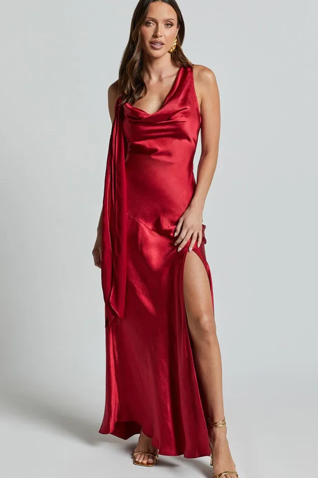Brigette Maxi Dress 8211 Sleeveless Cowl Neck With Ribbon Detail Strap In Red Women Showpo Dresses