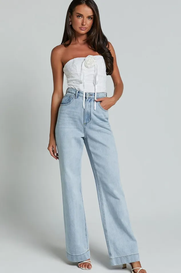 Brooke Top 8211 Strapless Jacquard Detachable Rosette Top In White Women Showpo Tops