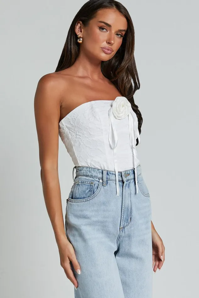 Brooke Top 8211 Strapless Jacquard Detachable Rosette Top In White Women Showpo Tops