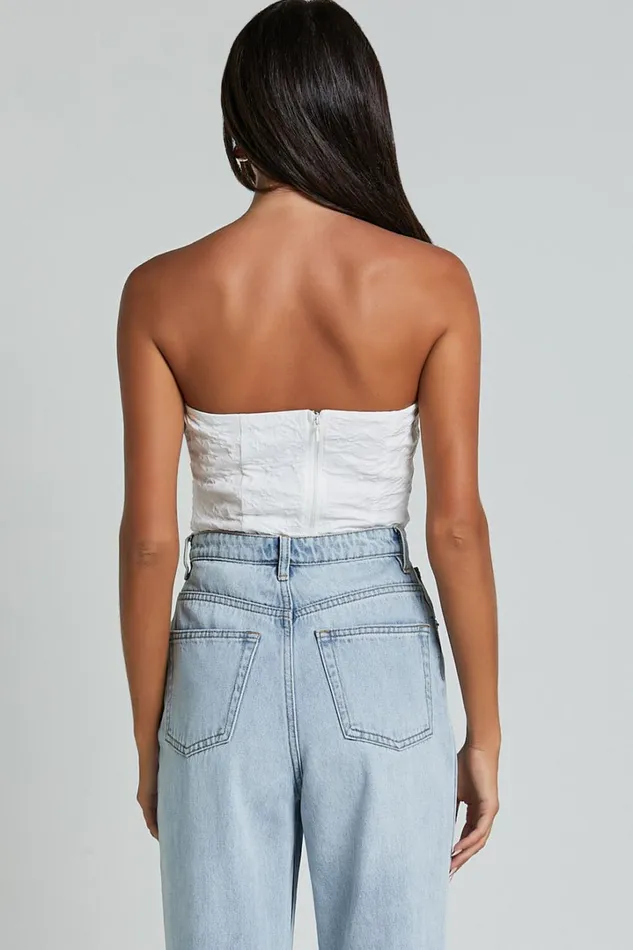 Brooke Top 8211 Strapless Jacquard Detachable Rosette Top In White Women Showpo Tops