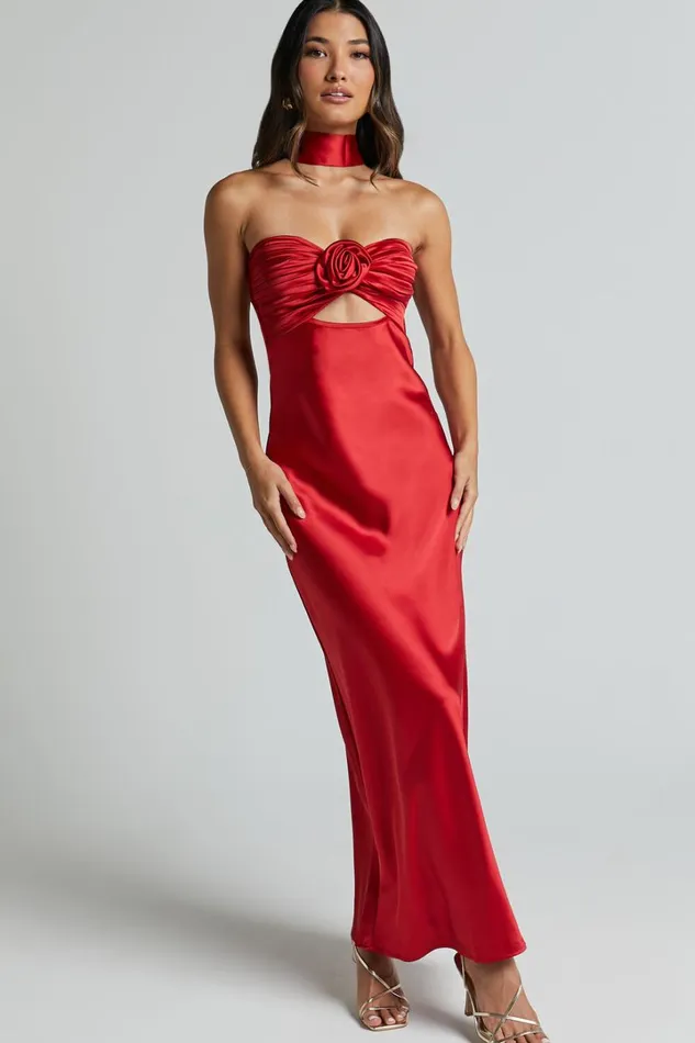 Cady Maxi Dress 8211 Ruched Bust Rosette Detail Satin Dress In Red Women Showpo Dresses Cady Maxi Dress 8211 Ruched Bust Rosette Detail Satin Dress In Red Women Showpo Dresses