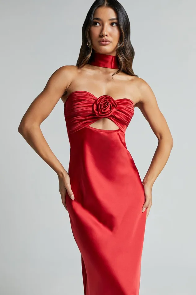 Cady Maxi Dress 8211 Ruched Bust Rosette Detail Satin Dress In Red Women Showpo Dresses