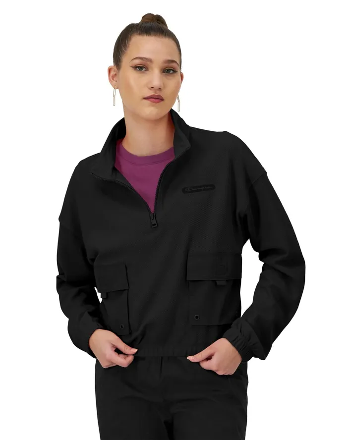 Campus Pique Zip Pullover C Logo Black Women Champion Jackets