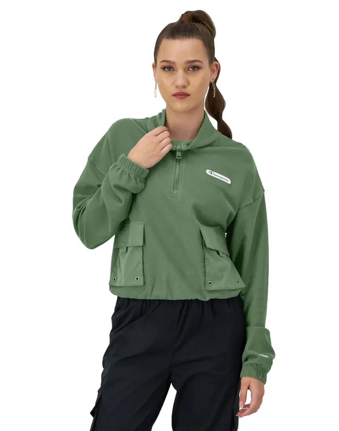 Campus Pique Zip Pullover C Logo Nurture Green Women Champion Jackets
