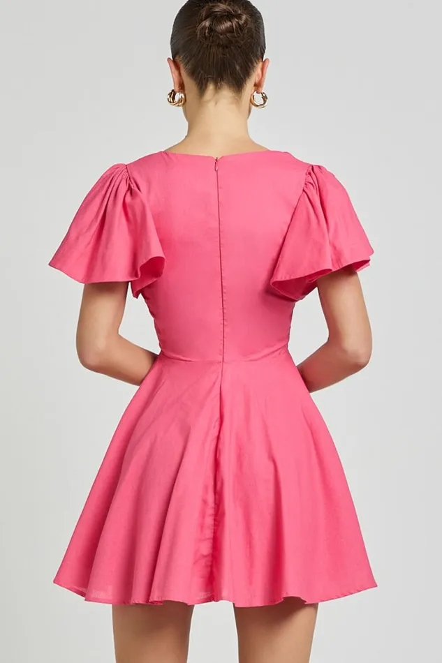 Carli Mini Dress 8211 Linen Look Ruched Bodice Bell Sleeve Dress In Pink Women Showpo Conscious