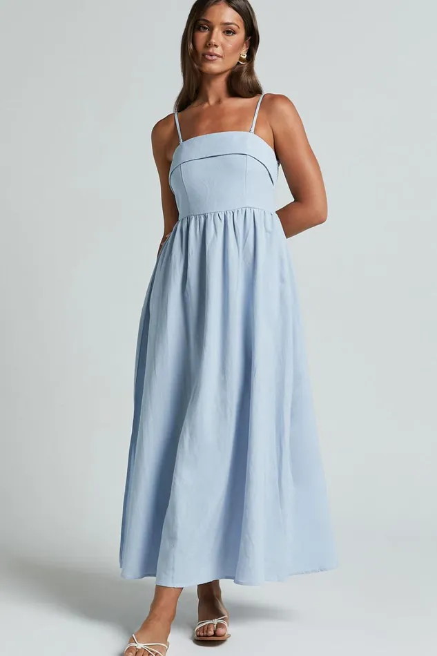 Carlyn Midi Dress 8211 Linen Look Detachable Straps In Blue Women Showpo Dresses