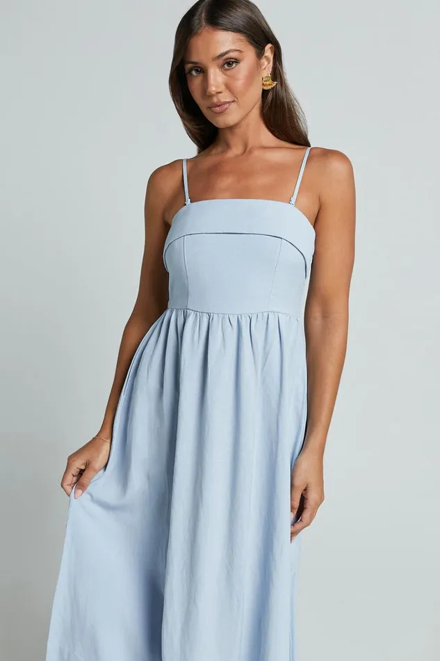 Carlyn Midi Dress 8211 Linen Look Detachable Straps In Blue Women Showpo Dresses