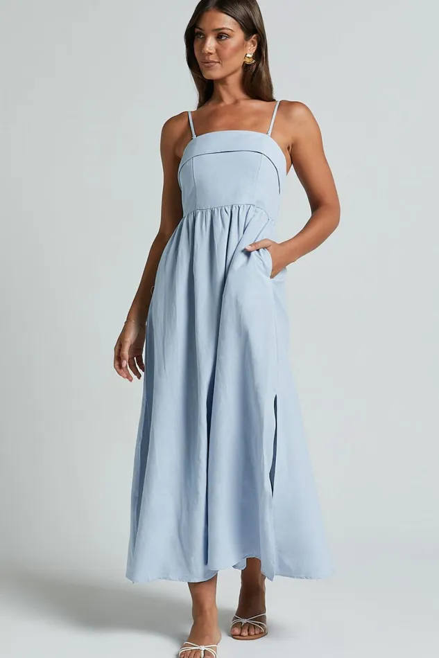 Carlyn Midi Dress 8211 Linen Look Detachable Straps In Blue Women Showpo Dresses