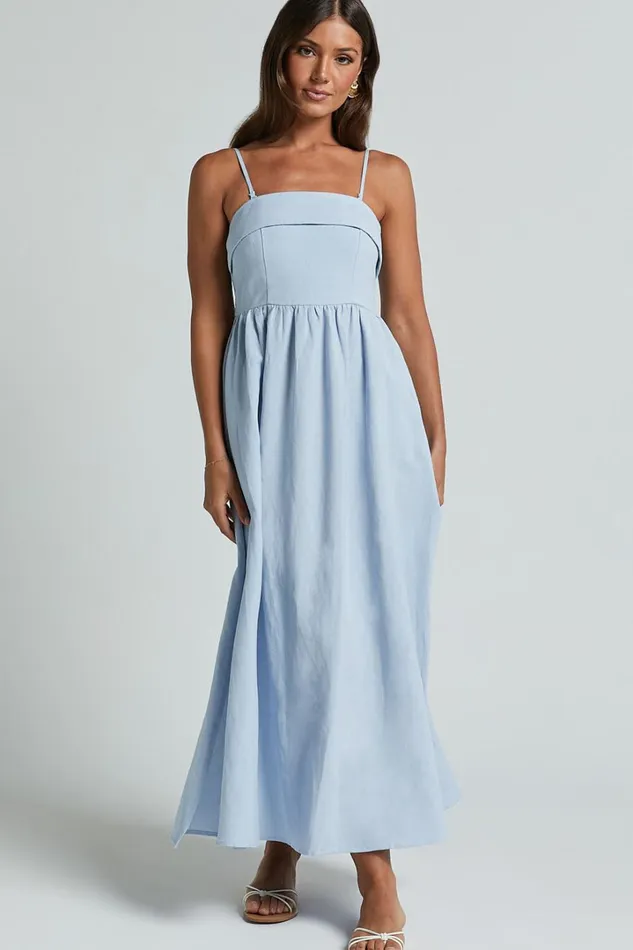 Carlyn Midi Dress 8211 Linen Look Detachable Straps In Blue Women Showpo Dresses