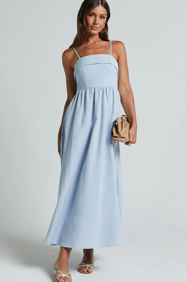 Carlyn Midi Dress 8211 Linen Look Detachable Straps In Blue Women Showpo Dresses