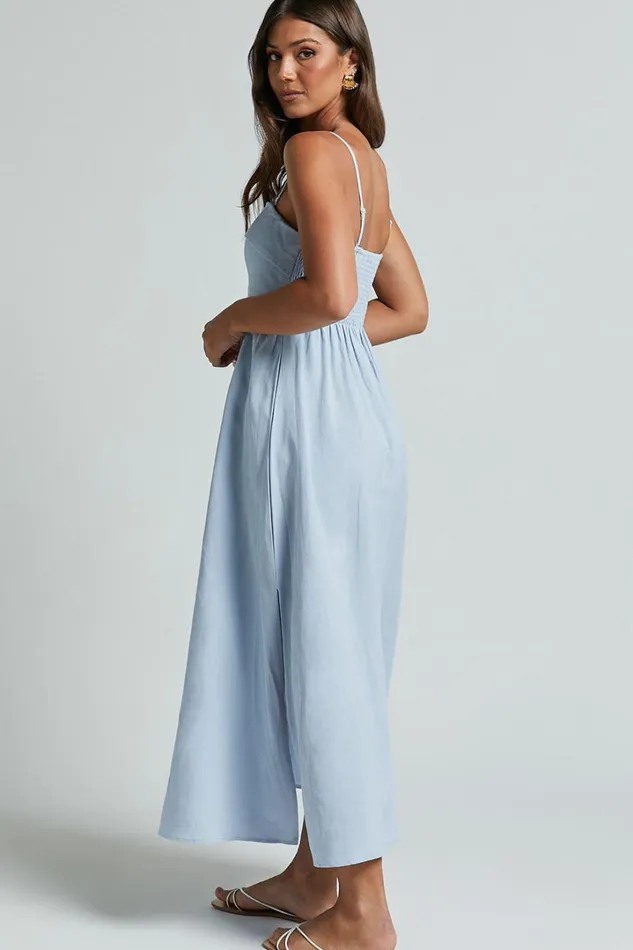Carlyn Midi Dress 8211 Linen Look Detachable Straps In Blue Women Showpo Dresses