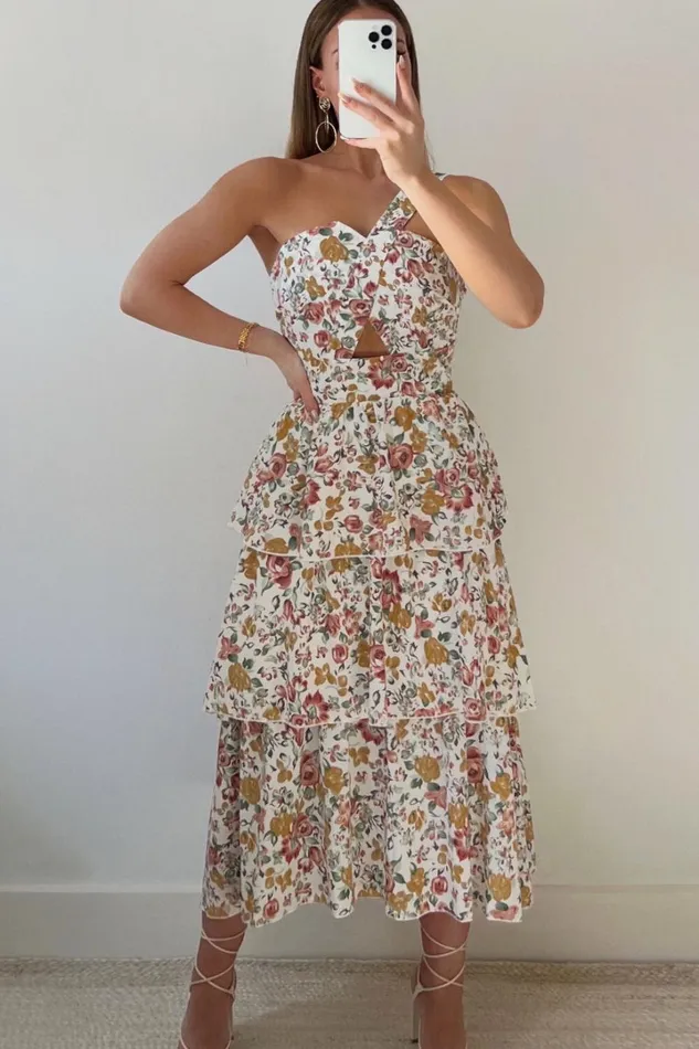 Caro Midi Dress 8211 One Shoulder Tiered Dress In Multi Floral Women Showpo Curve Clothes
