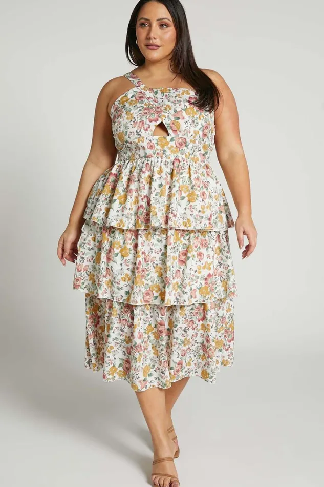 Caro Midi Dress 8211 One Shoulder Tiered Dress In Multi Floral Women Showpo Curve Clothes