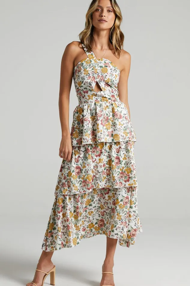 Caro Midi Dress 8211 One Shoulder Tiered Dress In Multi Floral Women Showpo Curve Clothes