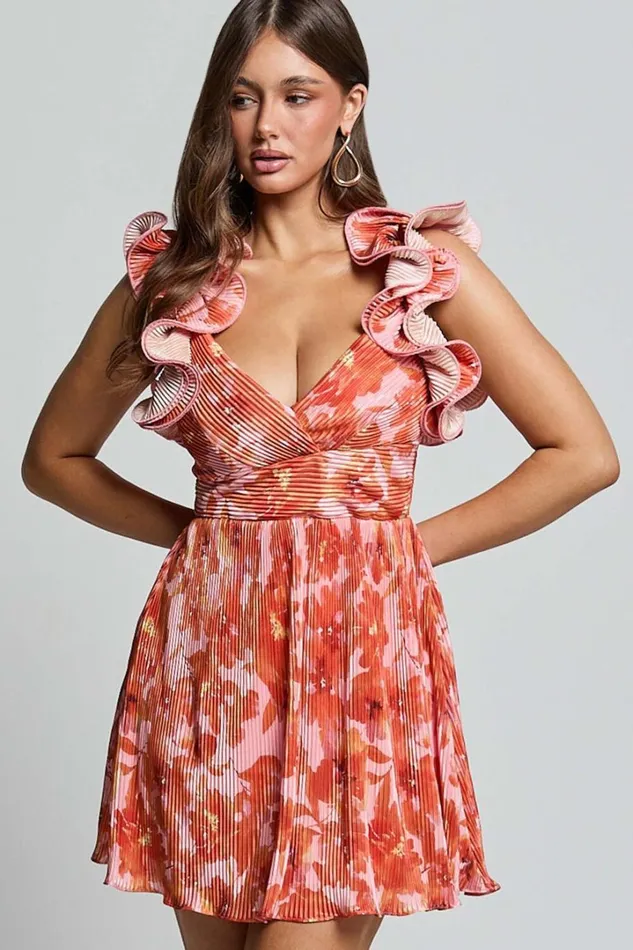 Carol Mini Dress 8211 Pleated Fabric With Ruffle Trims Dress In Orange Floral Print Women Showpo Dresses