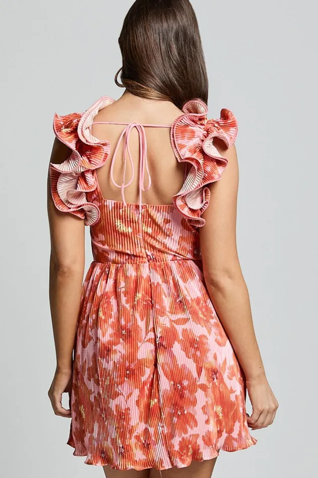 Carol Mini Dress 8211 Pleated Fabric With Ruffle Trims Dress In Orange Floral Print Women Showpo Dresses