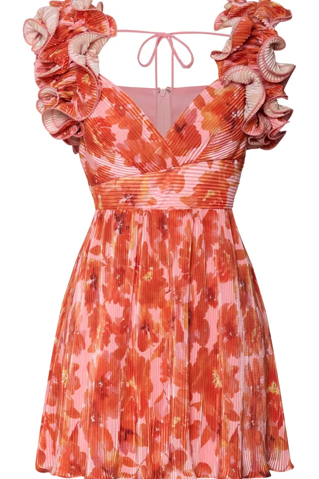 Carol Mini Dress 8211 Pleated Fabric With Ruffle Trims Dress In Orange Floral Print Women Showpo Dresses