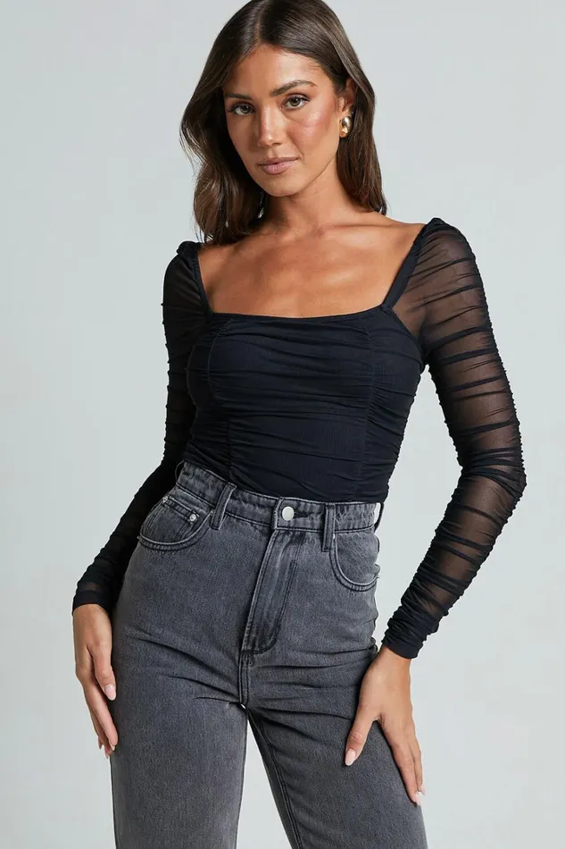 Casen Bodysuit 8211 Long Sleeve Ruched Mesh Bodysuit In Black Women Showpo Curve Clothes Casen Bodysuit 8211 Long Sleeve Ruched Mesh Bodysuit In Black Women Showpo Curve Clothes