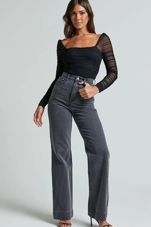 Casen Bodysuit 8211 Long Sleeve Ruched Mesh Bodysuit In Black Women Showpo Curve Clothes