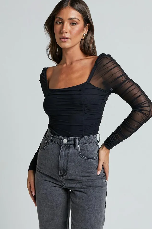 Casen Bodysuit 8211 Long Sleeve Ruched Mesh Bodysuit In Black Women Showpo Curve Clothes