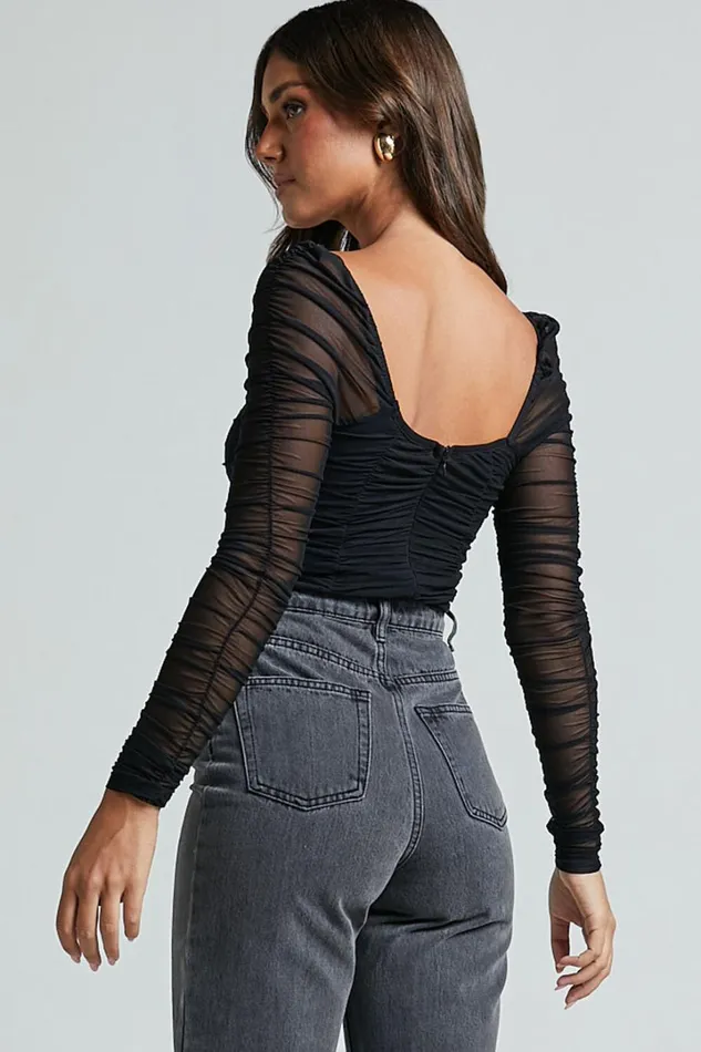 Casen Bodysuit 8211 Long Sleeve Ruched Mesh Bodysuit In Black Women Showpo Curve Clothes