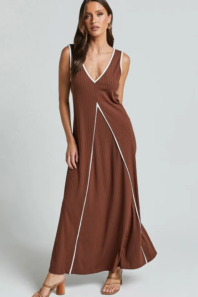 Cathleen Midi Dress 8211 Ribbed Sleeveless Low Back Dress In Chocolate With White Contrast Women Showpo Dresses Cathleen Midi Dress 8211 Ribbed Sleeveless Low Back Dress In Chocolate With White Contrast Women Showpo Dresses