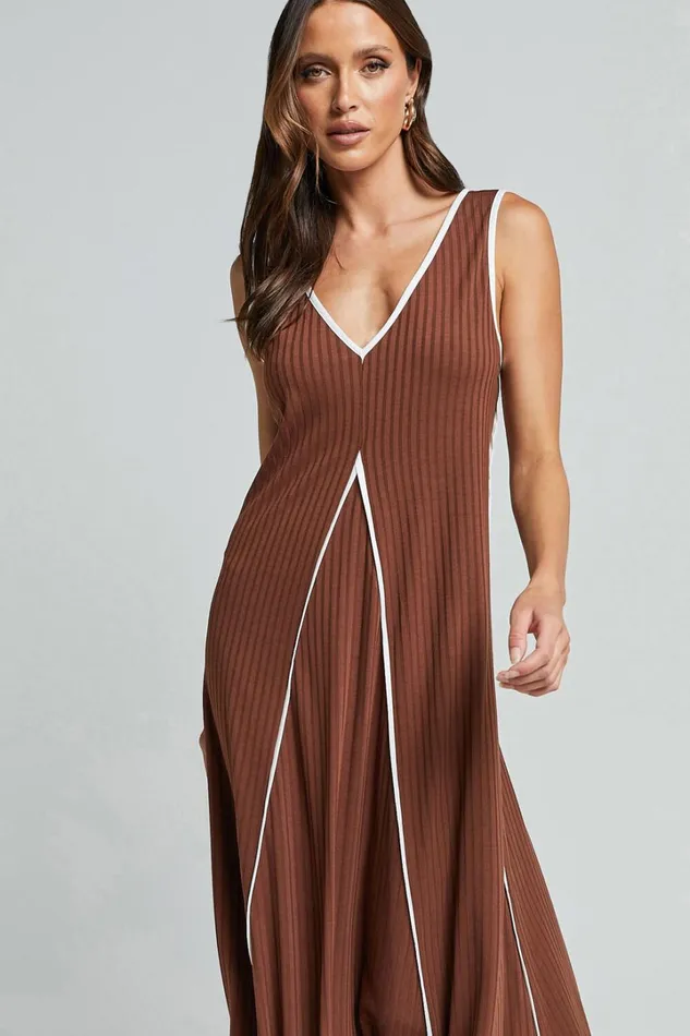 Cathleen Midi Dress 8211 Ribbed Sleeveless Low Back Dress In Chocolate With White Contrast Women Showpo Dresses