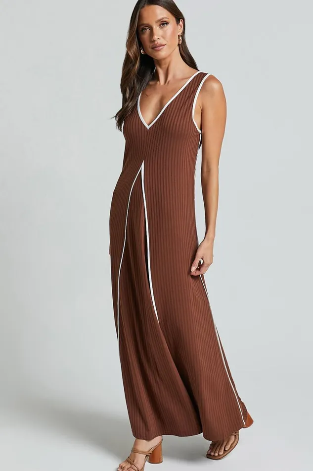 Cathleen Midi Dress 8211 Ribbed Sleeveless Low Back Dress In Chocolate With White Contrast Women Showpo Dresses